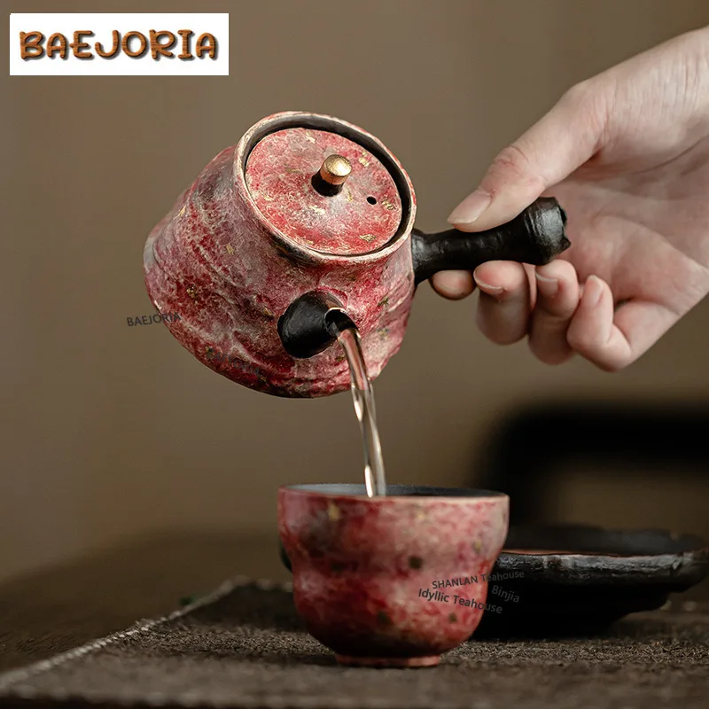 BAEJORIA 140ml Wabi Sabi Rock Mine Colored Pottery Teapot Boutique Urgent Beard Side Handle Pot Tea Making Kettle Tea Set Gift