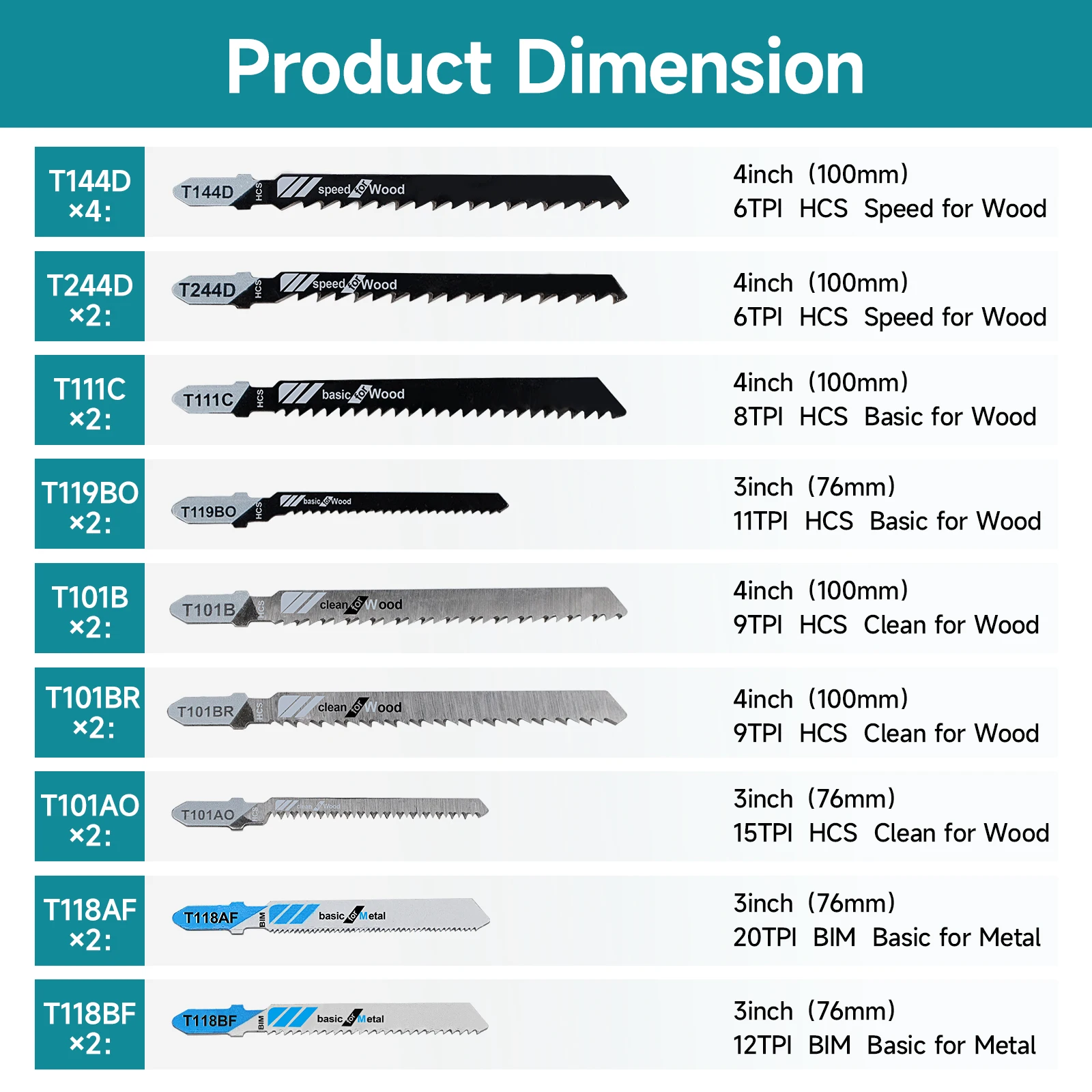 10PCS Jigsaw Blade Set – Professional Multi-Purpose Replacement Blades for Efficient Cutting of Wood, Pruning, Plastic, Metal