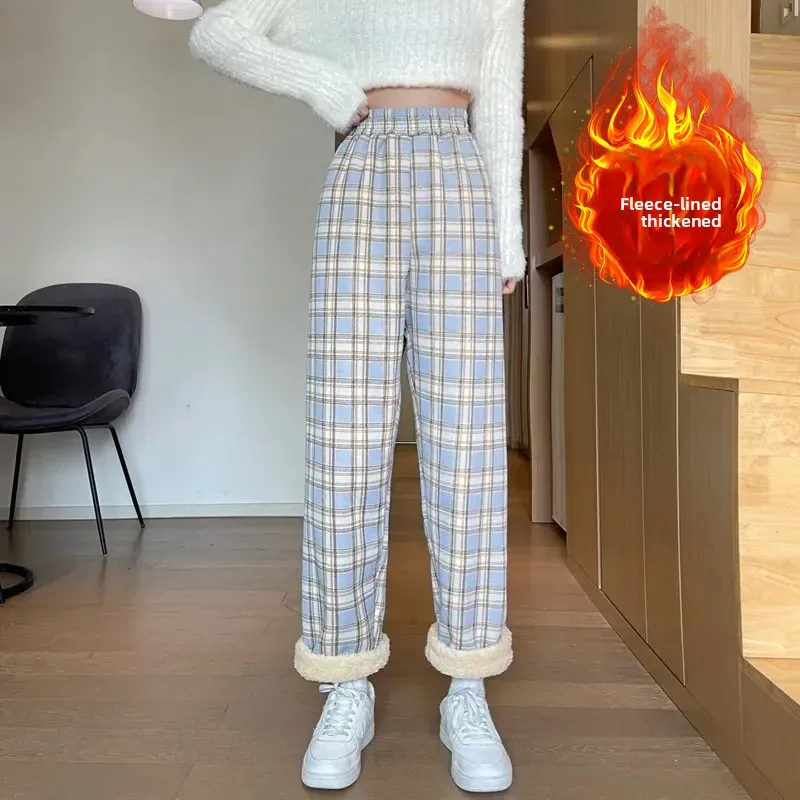 

Korean Street Style Fleece Pants Plush Checkered Wide-Leg Trousers for Women Winter Warm Fashionable Loungewear