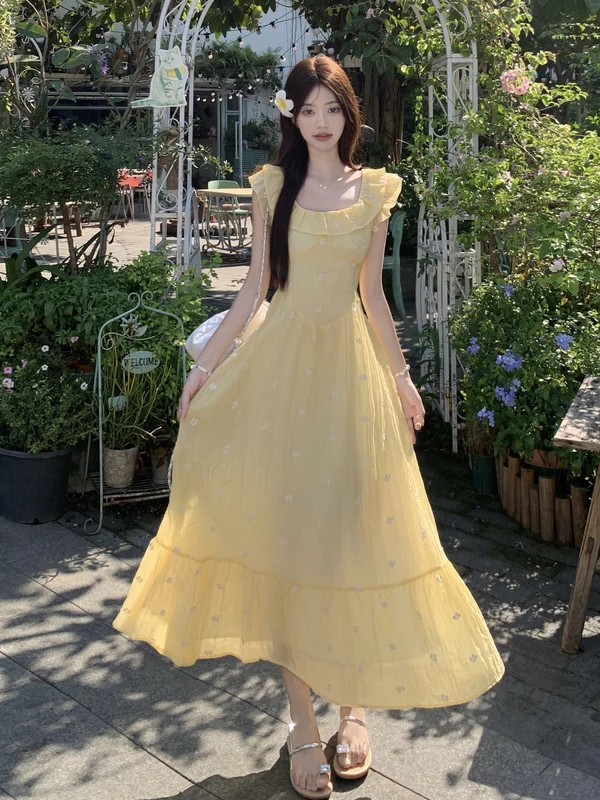 

plus Size Women's Dress Wooden Small Flying Sleeve Waist Cinching Slimming Design A-Line Long Summer New Style Korean Ve...