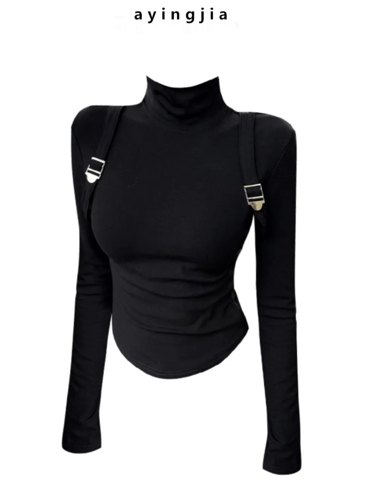 ~American Style Spicy Girl Half High Collar Shoulder Pad Long Sleeved T-shirt For Women's Clothing, Thickened And Brushed