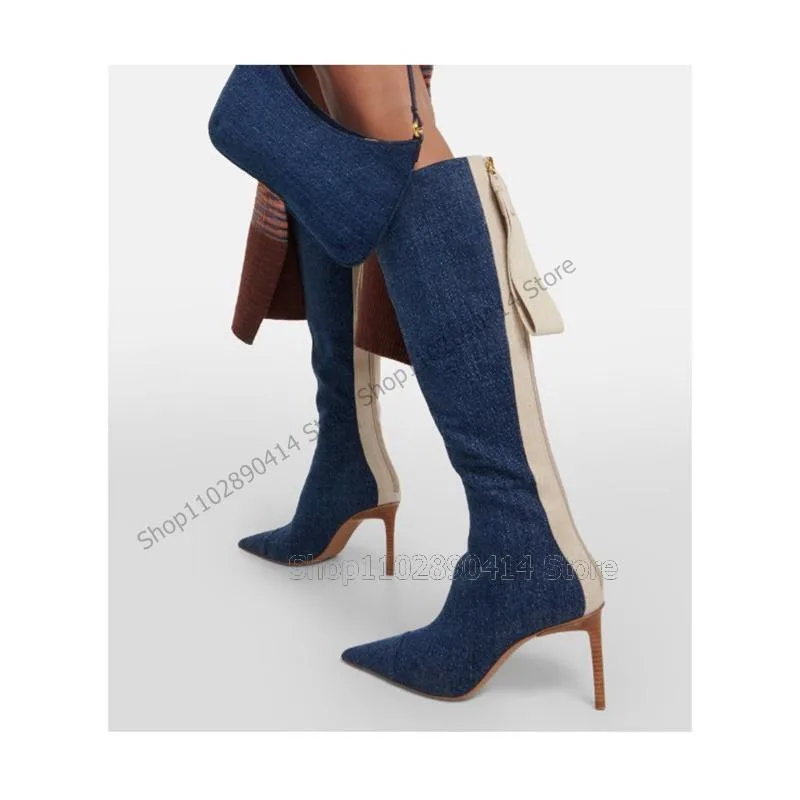 

Blue Beige Denim Patchwork Pointed Toe Boots Side Zipper Women Shoes Thin High Heels Sexy Party Office 2023 Zapatos Para Mujere