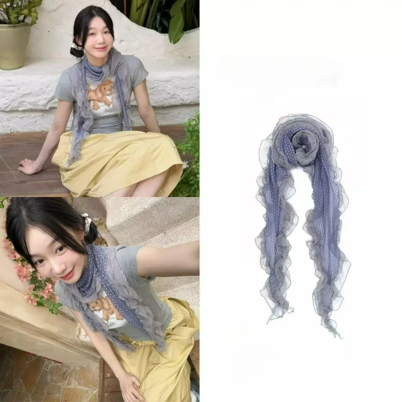 Fashion Design Ins Style Imitation Silk Decorate Scarf Women Chic Gray-blue Polka Dot Long Lace Warp Female Gift