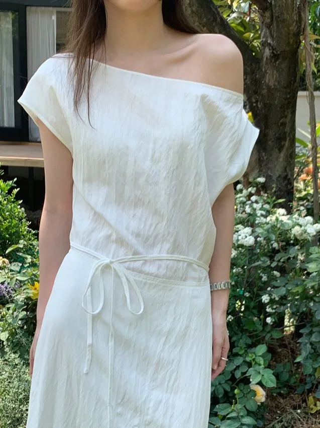 

Summer New Vintage Irregular oulder Bared Dr Women's Svel Waist Cinched Straight Long Dr Pure Color Single Piece