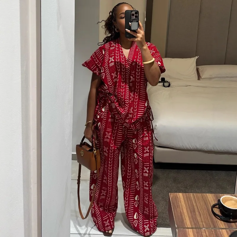 Red African Print Two Piece Set Elegant Women Short Sleeve V Neck Top + Pocket Wide Leg Pants Casual Summer Outfits Plus Size