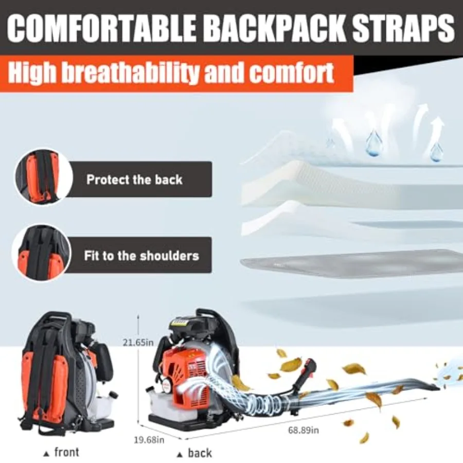Ventilador de folhas movido a gás com mochila 65CC com 884 CFM e 3,8 HP para limpeza externa de quintal e remoção de neve com 2 ciclos
