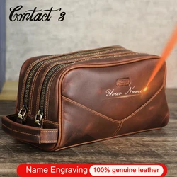 Bolsa de maquiagem de couro genuíno, estojos cosméticos vintage masculino, sacos de higiene pessoal para lavagem, cavalo louco, marca de luxo