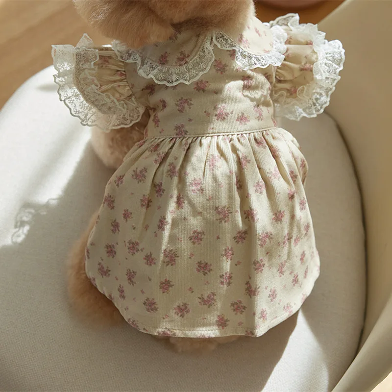 

Pet Spring Floral Shirt Skirt Cat Autumn Corduroy Printed Dress Teddy Collar Lace Top Puppy Clothes Dog Dresses for Small Dogs