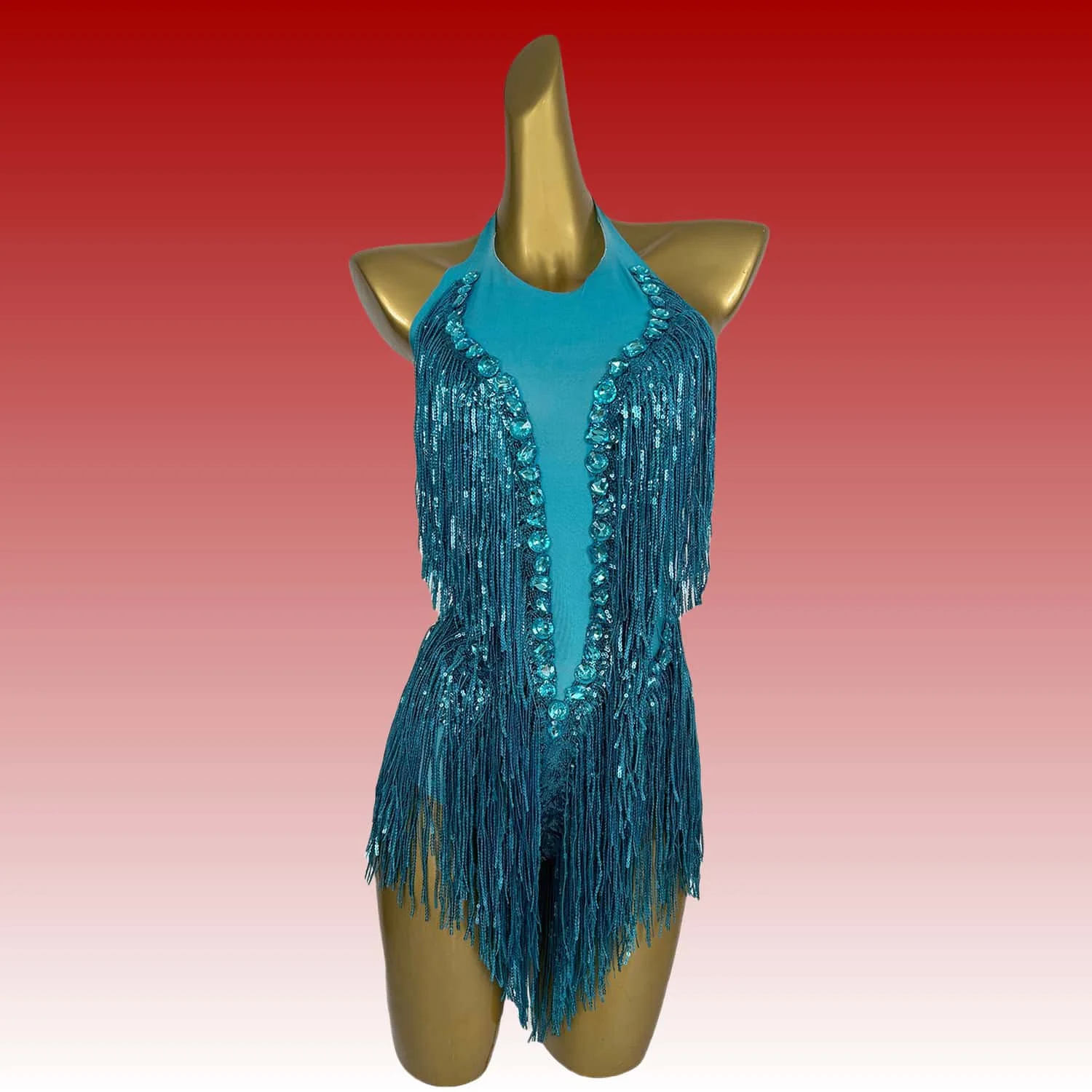 Shuye Lake Blue Fringed Latin Dance Talent Performance Suit Female Group Backing Dance Leotard Nightclub Performance Jumpsuit