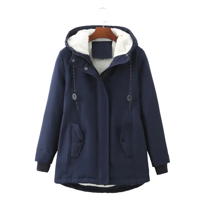 Women's Lamb Wool Hoodies Drawstring Warm Adjustable Waist Slimming Spliced Pockets Jackets  Autumn Winter Casual Women Clothing