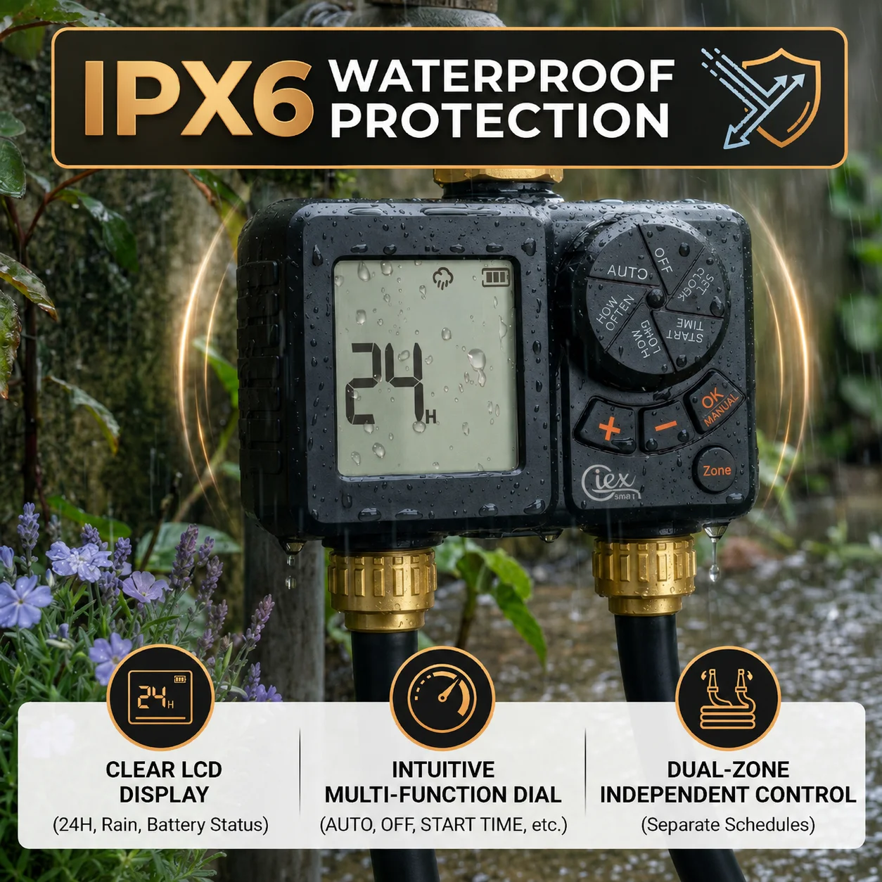 2 Zone Watering Timer, Programmable Garden Hose Timer with 2 Outlets, Brass Inlet, Rain Delay Watering for Garden and Lawn