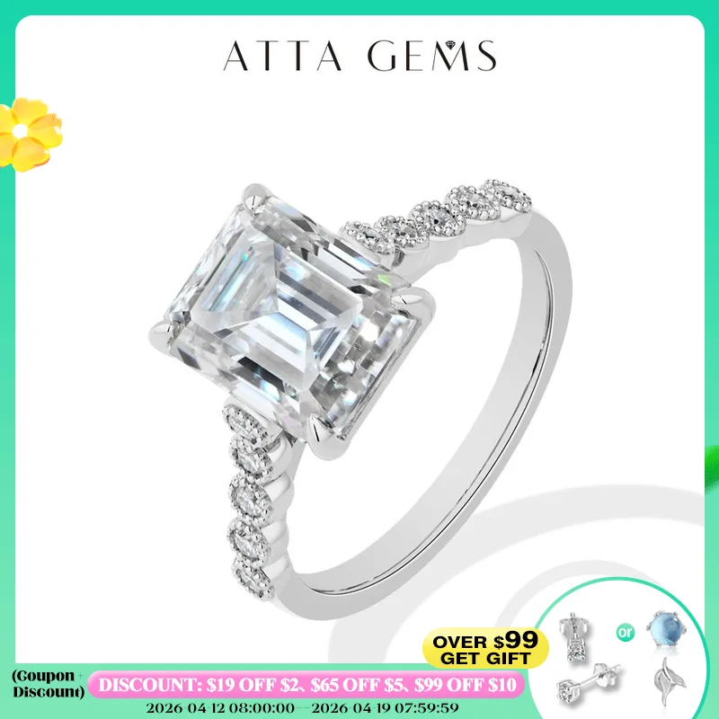 

ATTAGEMS Luxury Emerald Cut Moissanite Rings forWomen S925 Silver 4CT Solitaire Engagement Band with Pavé Accents Bridal Jewelry