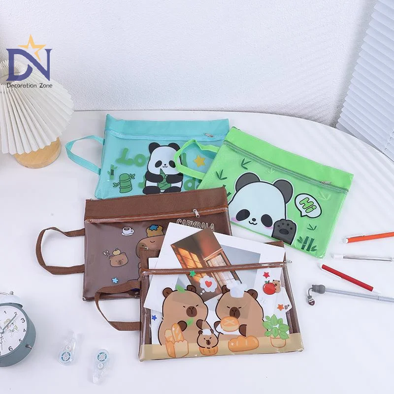 

Portable Transparent File Bag Cute Fashion Zipper Documents Bag Cartoon Capybara Panda File Bag Large Capacity Storage Bag