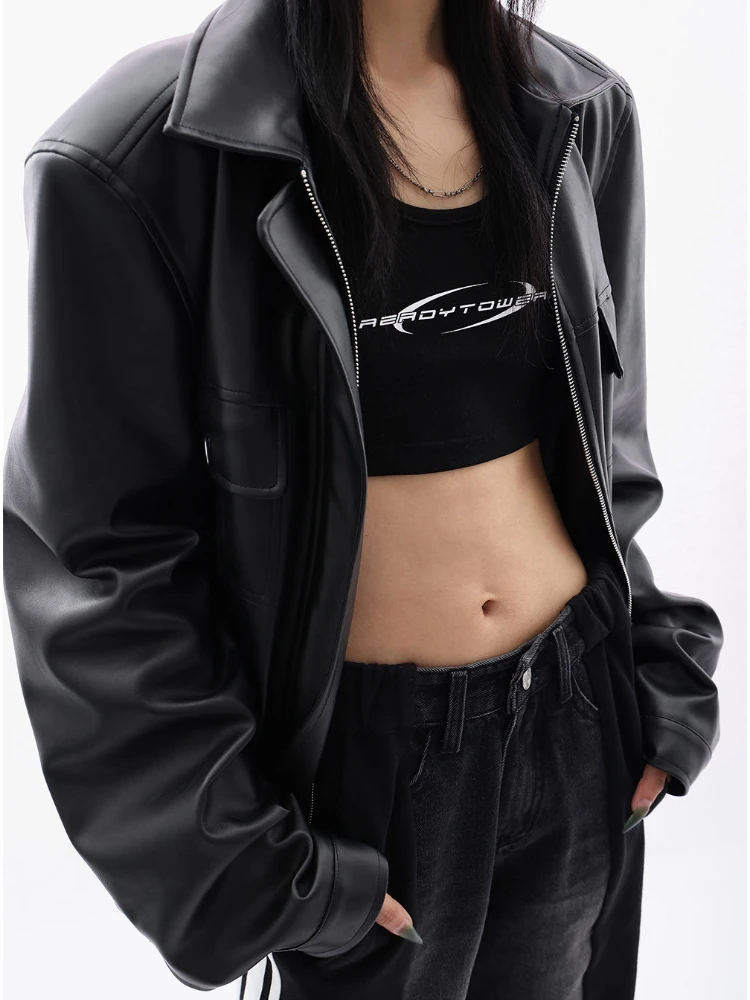 Imagem -02 - Jaqueta de Couro Preta Feminina Streetwear Moto Biker Zíper Casual High Street Tendência da Moda Falso Cabolsa Outwear Coreano