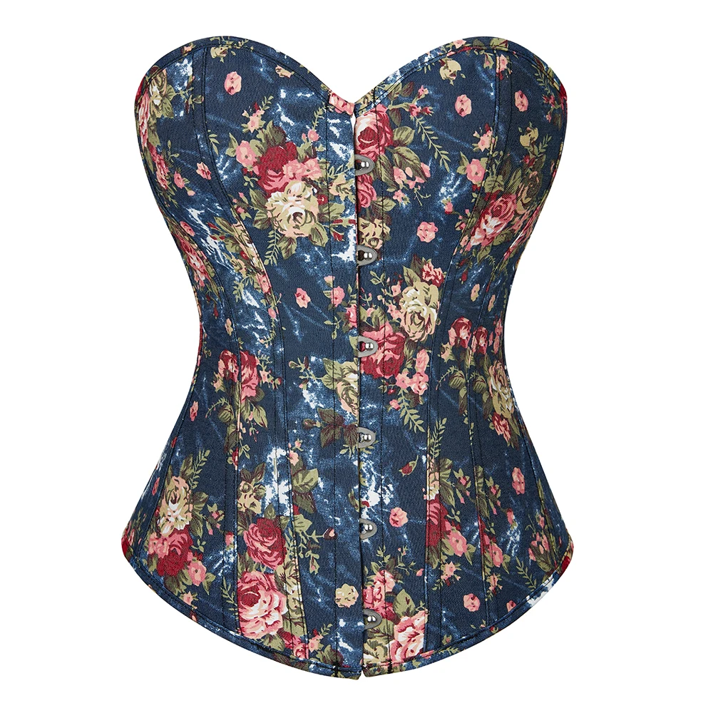 Vintage Korset for Women Blue Denim Bustier Top Overbust Floral Printed Corset Fashion Corselets