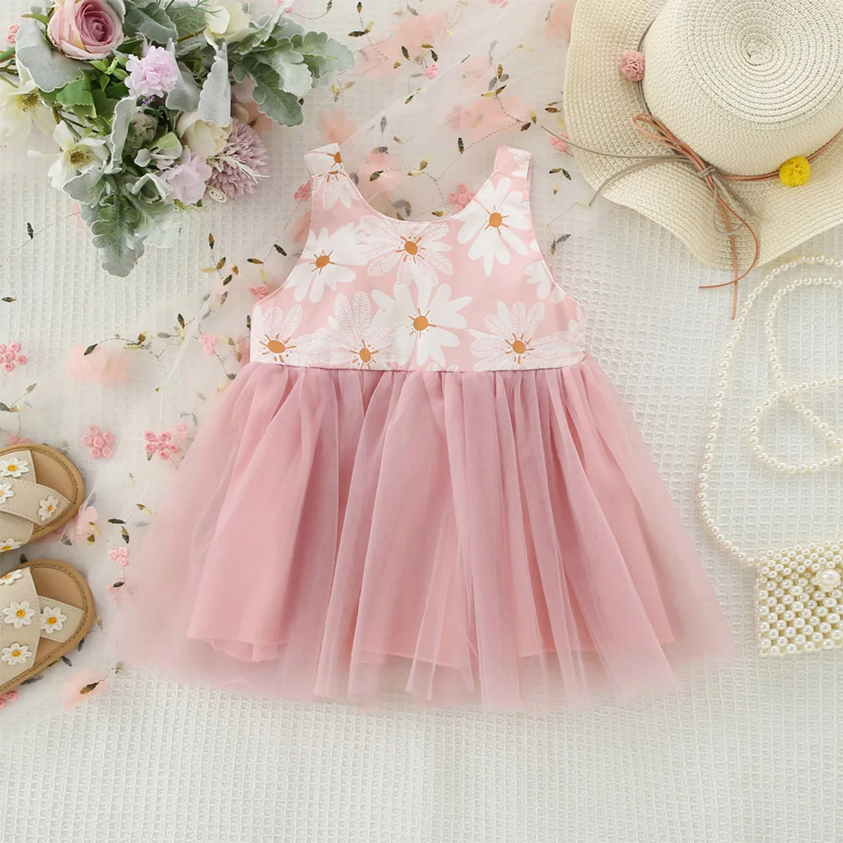 Summer New Dress For Girls Round Neck Sleeveless Sweet Little Flower Solid Color Mesh Princess Dress Suitable For Babies Aged