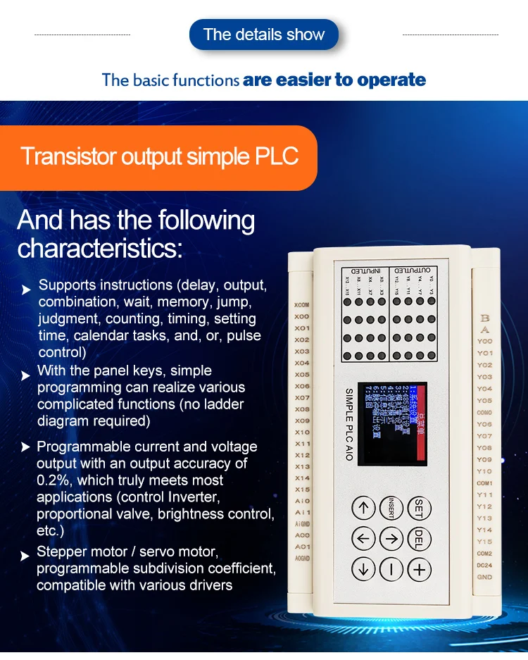 

Huaqingjun 16DI 16DO Transistor Output 2-Channel Analog Inputs Outputs 0-20mA Pulse Outputs PLC for Servo Motors