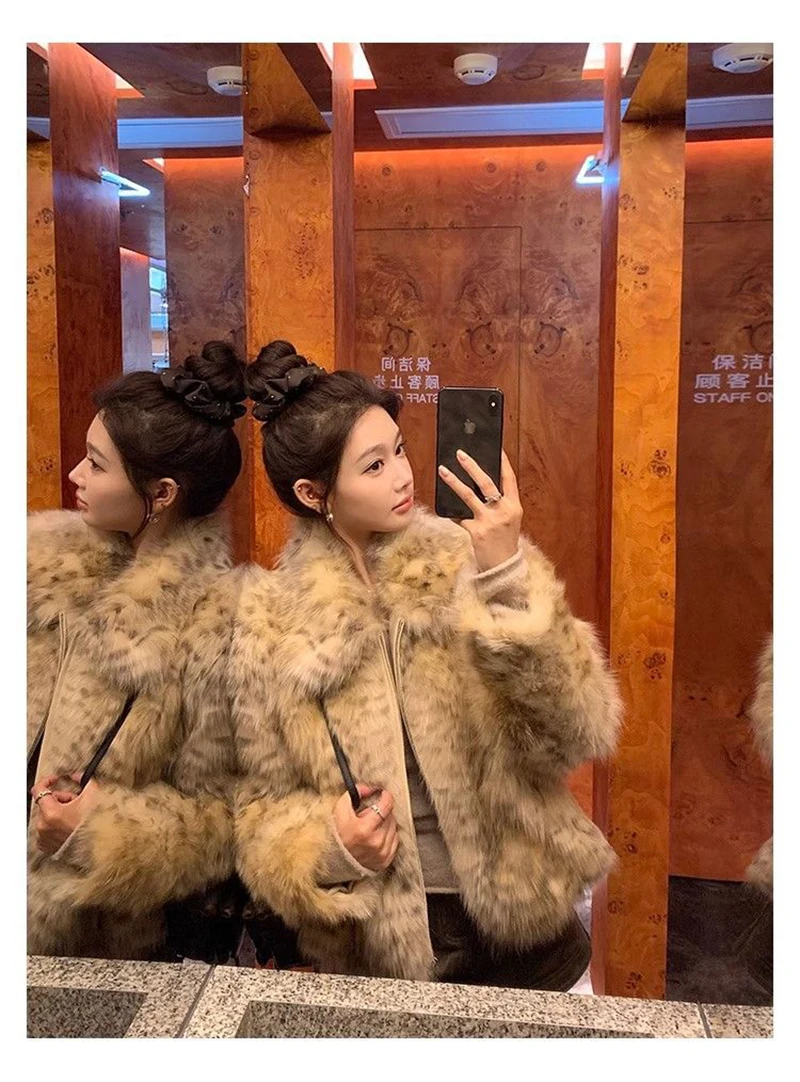 Leopard Faux Fur Coat Women Winter Thick Warm Vintage Streetwear Jacket Casual Zipper Female Retro American Hip Hop Outwear Tops