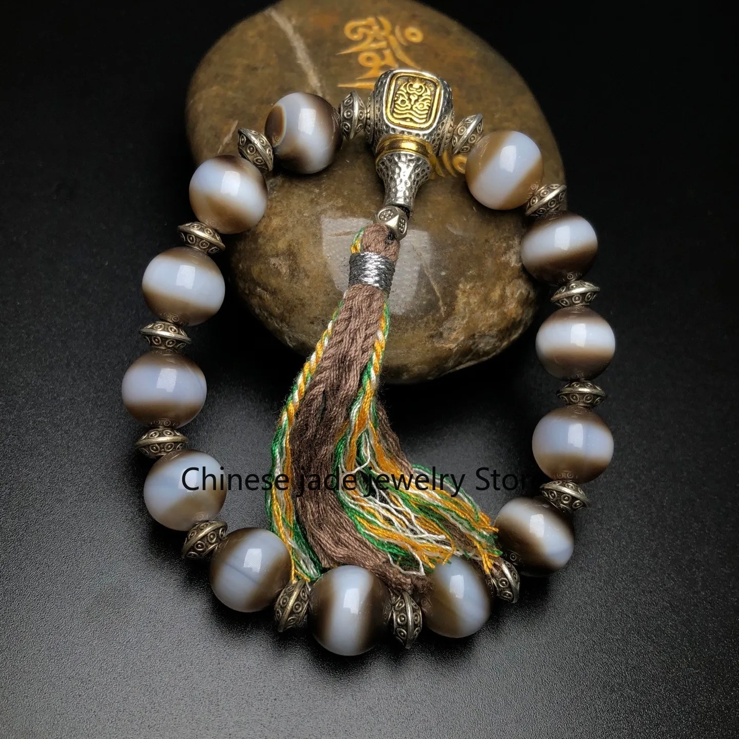Rare Tibetan Buddhism Agate 1 Line Medicine Man Dzi Beads Amulet Bracelet G650