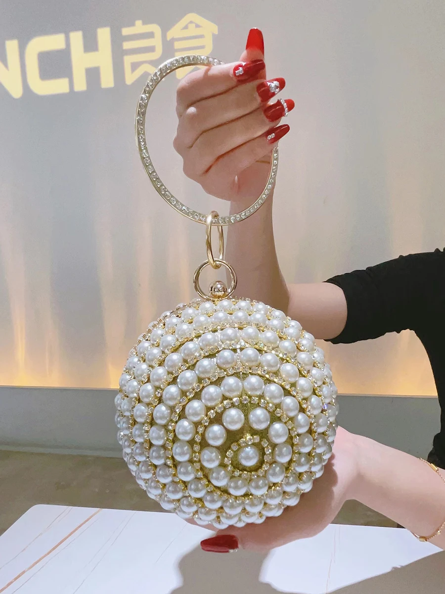 Round Pearl Clutch Purse Mini Handbag Luxury Elegant Evening Bag Ring Handle For Women Bride Bridesmaid Wedding Party Handbag