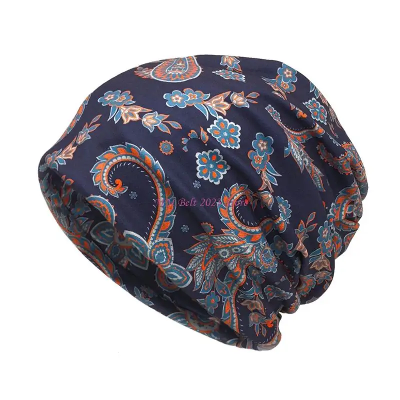 49ME Brimless Skull Cap Neck Warmer Cashew Print Scarf Hat for Easy Helmet Fitting Multifunctional Convertible Design