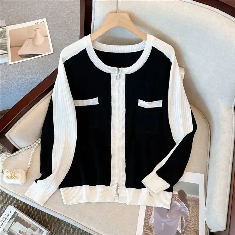 

Fashion O-Neck Zipper Pockets Spliced Korean Cardigan Sweaters Women's Clothing Autumn Winter Loose Knitted Commuter Tops N858