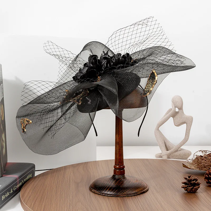 New Charming Fascinators Feather Wedding Drop Mesh Hat Flower Bride Cocktail Tea Party Headwear Women Hat Headban Hair Accessory