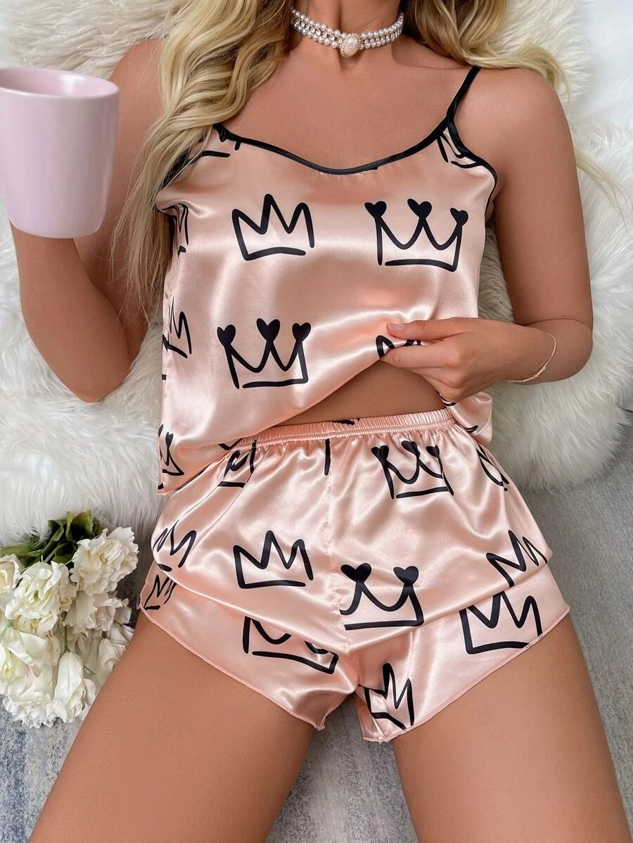 Sexy Pajama Set Women Lingerie Satin Silk Spaghetti Strap Top Hot Shorts Soft Sleep Crown Print Sleepwear 2 Piece Femme Pijamas