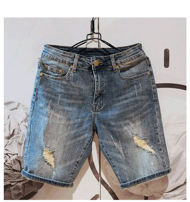 

Летние модные мужские джинсы-шорты из хлопкового стрейч-денима, прямой крой, длина до колена, в корейском стиле, повседневные, стильные