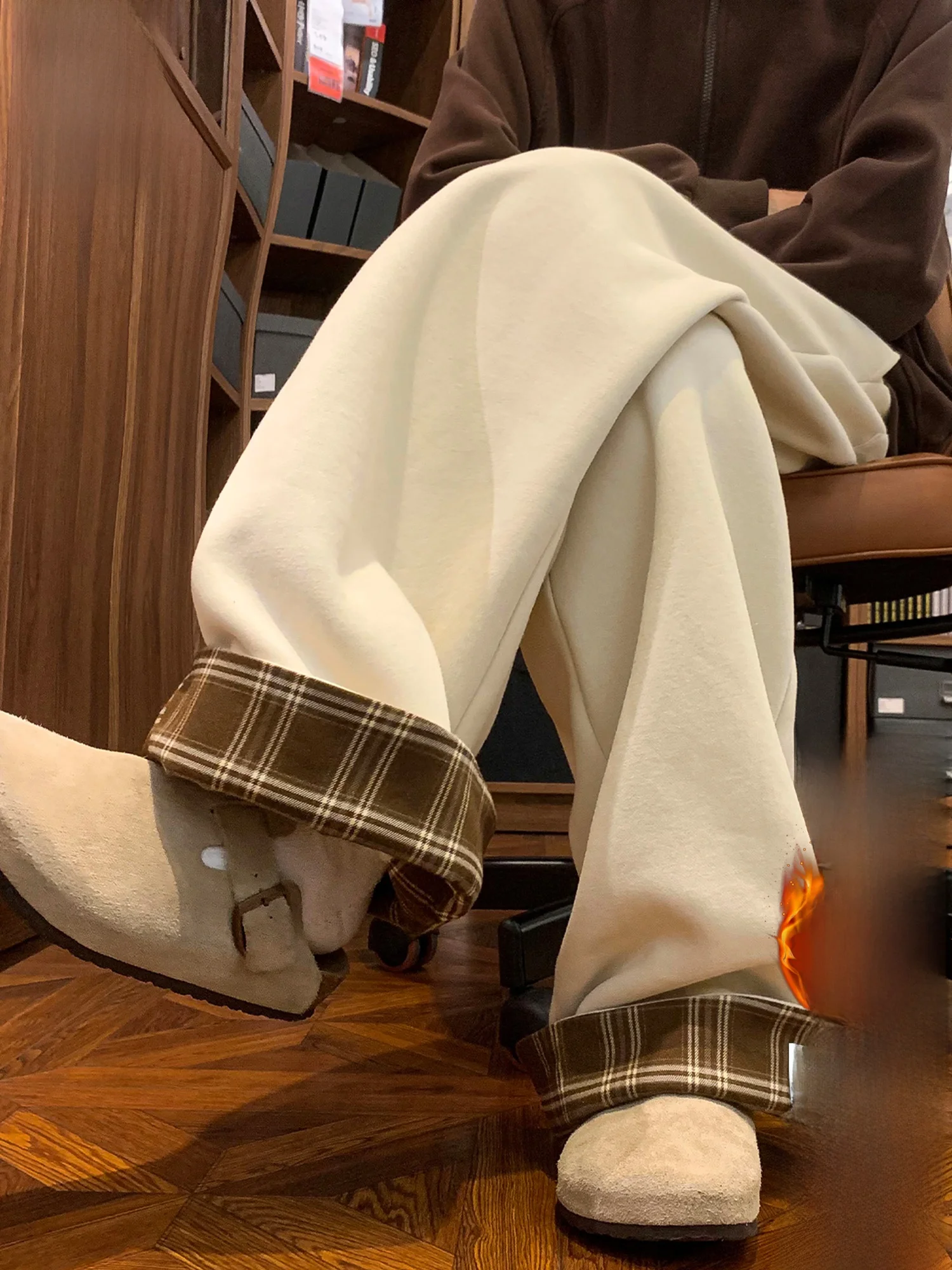 

PaulFrank Men's Casual Trousers Spring Autumn Fce Lined Drapey Plaid Patchwork Straight Leg Long Pants Warm Straight Cut