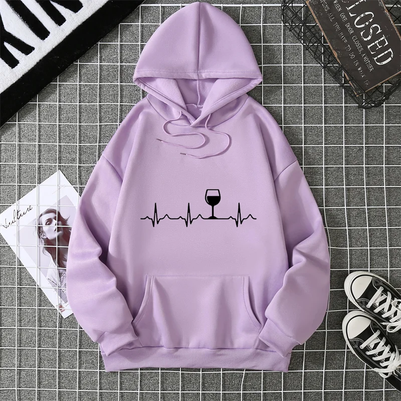 Vinho batimento cardíaco impressão moletom com capuz feminino manga longa o pescoço solto hoodies 2025 senhoras pullovers bolso quente jaqueta com capuz