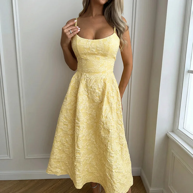 

Women Dresses Jacquard Camisole Dress Backless Square Collar Sleeveless Mid Calf Length Cinched Waist Slim Casual 2026 Summer