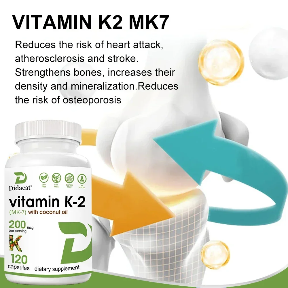 Vitamina K2 (MK-7) com óleo de coco 200MCG Cápsulas de vitamina não OGM, vegana, natural, sem glúten, metabolismo de cálcio, saúde óssea