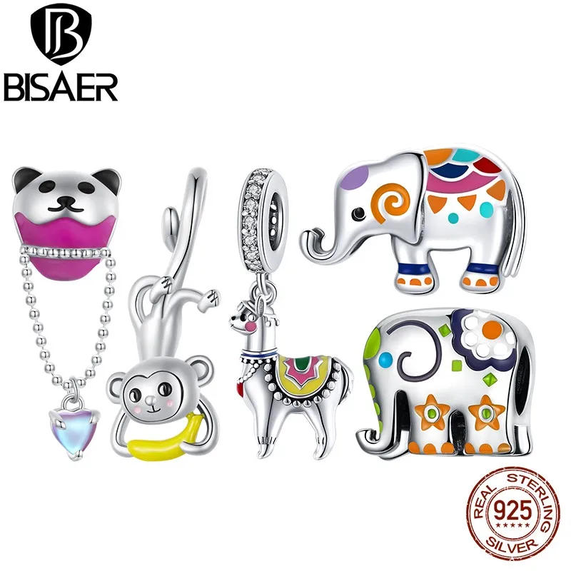 BISAER Echte 925 Sterling Zilveren Aap Charme Olifant Kraal Dier Hanger Fit Vrouwen DIY Ketting & Armband Fijne Sieraden ECC2547