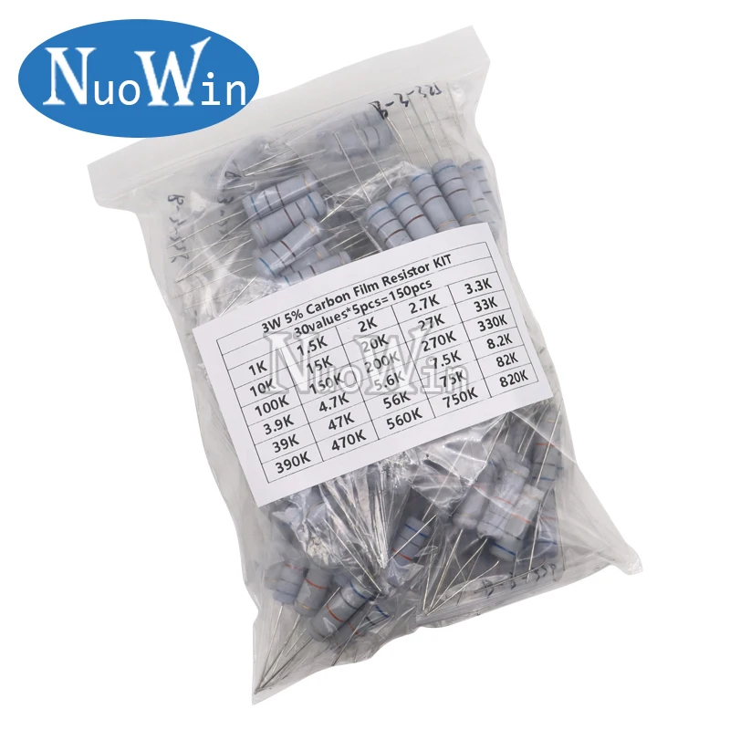 150PCS/300PCS 1W 2W 3W 5W 30Values Carbon Film Resistor Assortment Kit 5% Resistance Set 0.1R-750R 1K-820K ohms DIY Pack