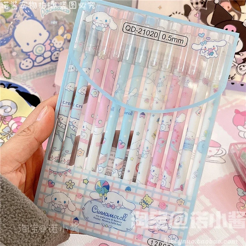 12 pçs sanrios kawaii kuromi minha melodia cinnamoroll preto 0.5mm caixa caneta gel anime dos desenhos animados bonito estudante caneta escrita presente de aniversário