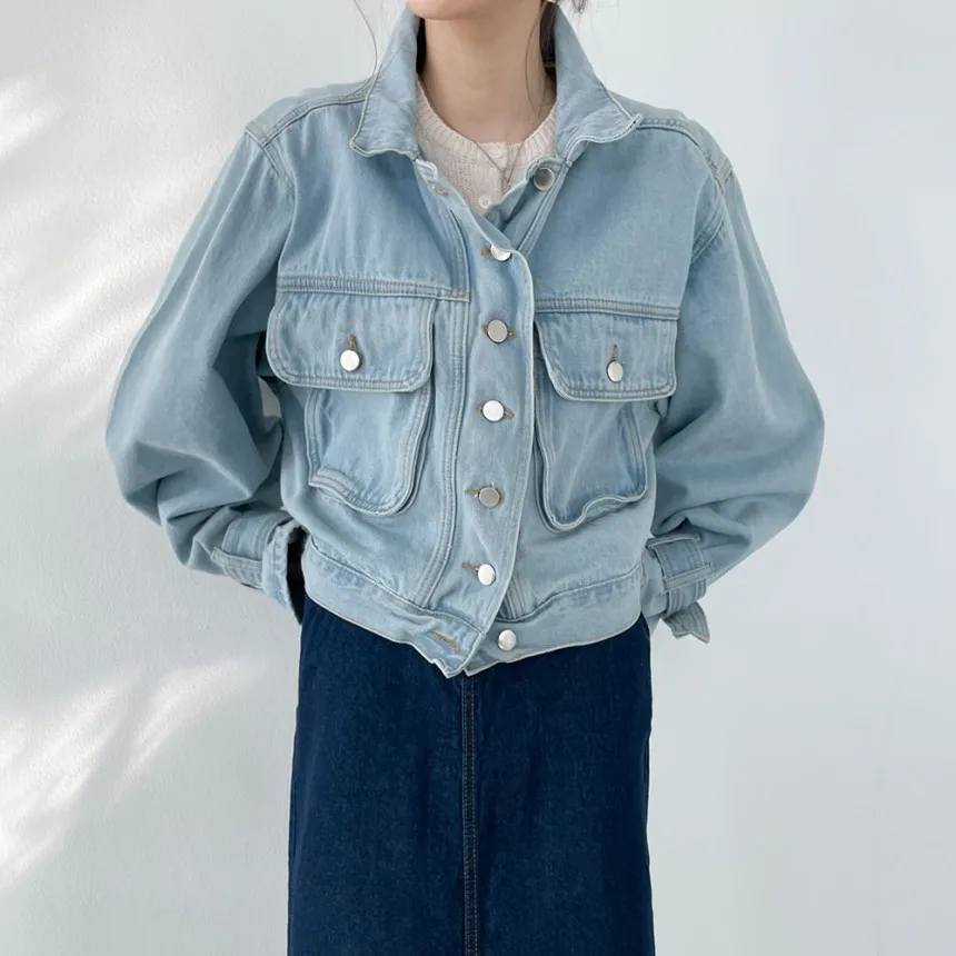 

Свободный женский джинсовый тюнер, весенний повседневный хлопковый джинсовый тюнер с заниженными манжетами и открытыми пуговицами, универсальный длинный воротник-стойка