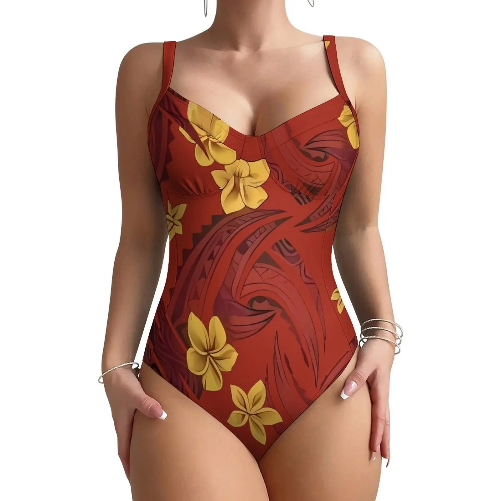 Customized Floral Pattern Printed Tight-Fitting And Sexy Women'S Beach One-Piece Swimsuit Samoa Custom Wholesale Halter Style
