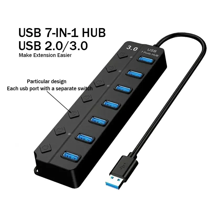 USB 3.0 Hub 7 Port with LED Indicator Independent Switch Control for Laptop Flash Drive Hard Disk Printer Camera Keyboard