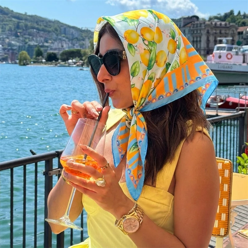 Diademas de seda con estampado de moda, bufanda de limón de verano para mujer, pañuelo elegante para el cuello, bandas para la cabeza, Foulard, bufandas femeninas 2026