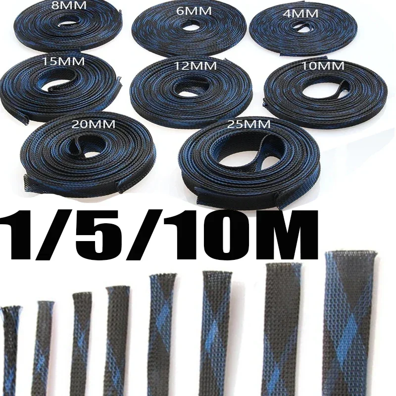 

1/5/10M Blue Black Insulated Braid Sleeving 2/4/6/8/10/12/15/20/25mm Tight PET Wire Cable Gland Protection Cable Sleeve