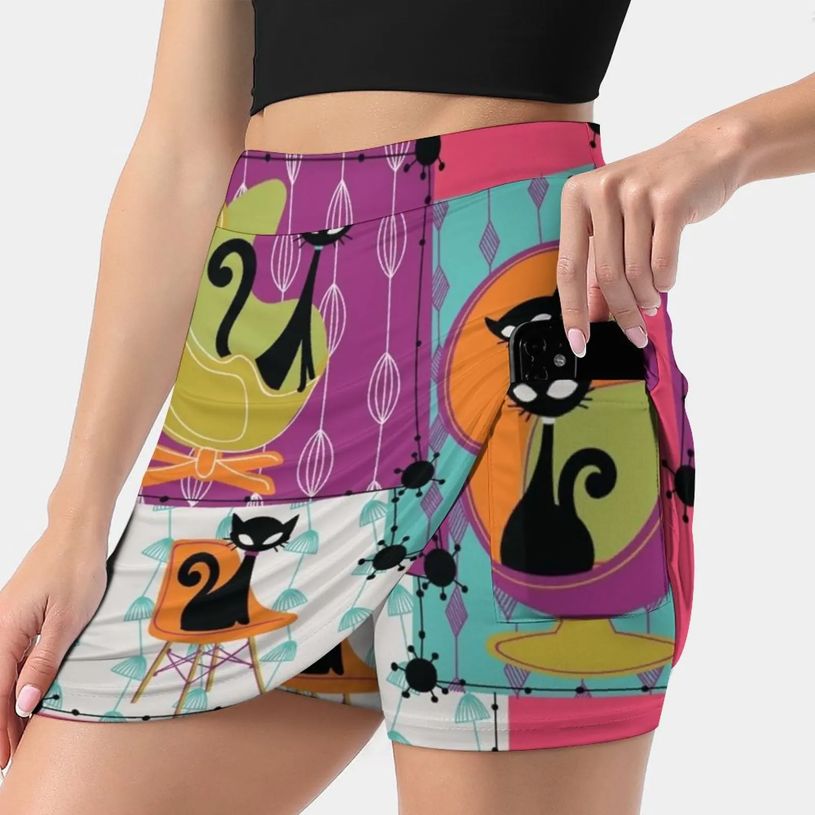 60'S Retro Mid-Century Modern Cats Women's skirt Aesthetic skirts New Fashion Short Skirts Cats Cat Kitty Kitten 60S 70S Retro