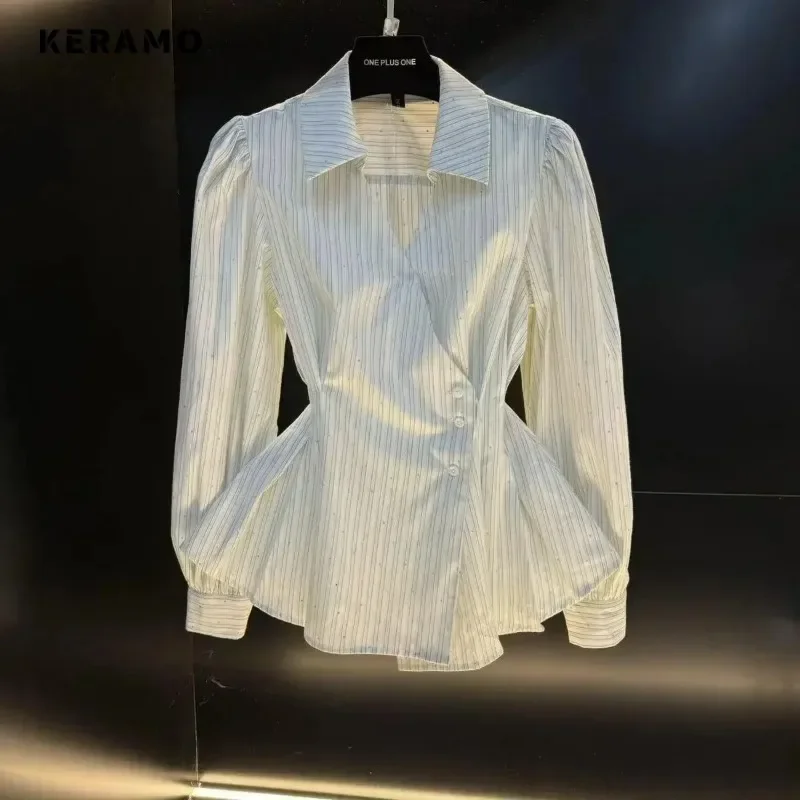 

French Irregular Fold Hot Diamond Long Sleeve V-neck Striped Shirt for Women Autumn New Stylish Style Skinny Blouses Women Top