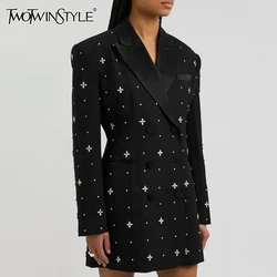 TWOTWINSTYLE Solid Spliced Diamonds Elegant Blazers For Women Lapel Long Sleeve Tunic Temperament Slim Casual Coats Female New