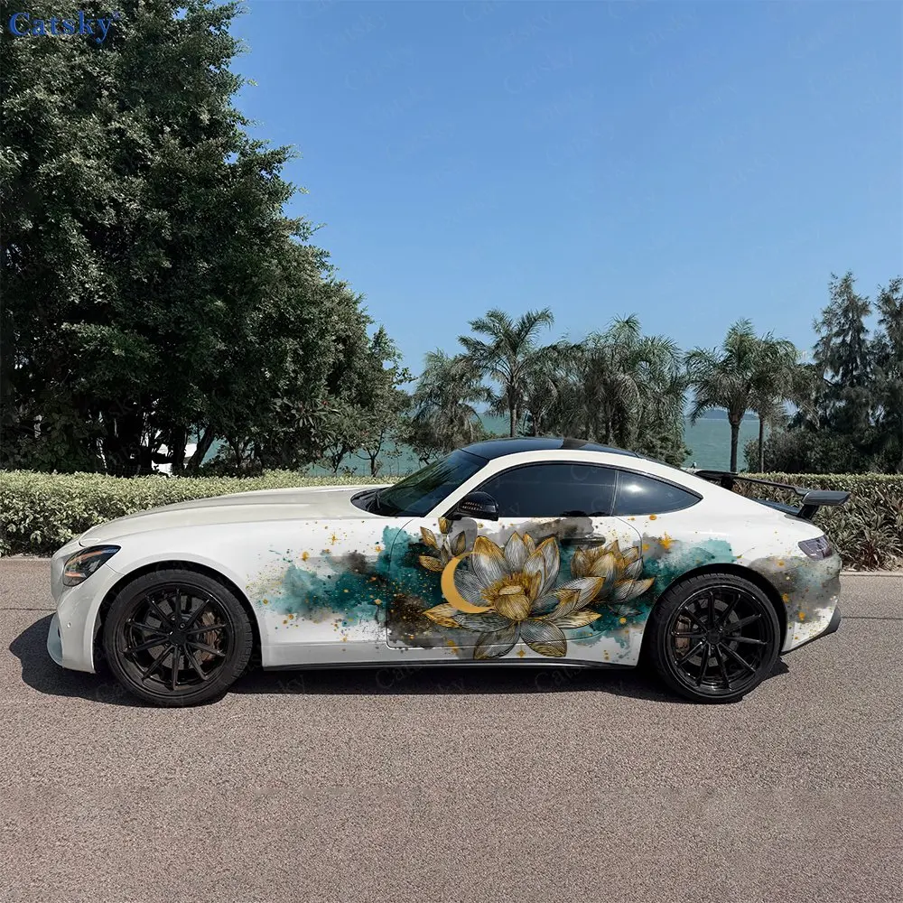 2pcs Gilded Lotus Crescent Splash Car Side Wraps, Self-Adhesive PVC Waterproof & Scratch-Resistant Stickers, Car Accessory Gift