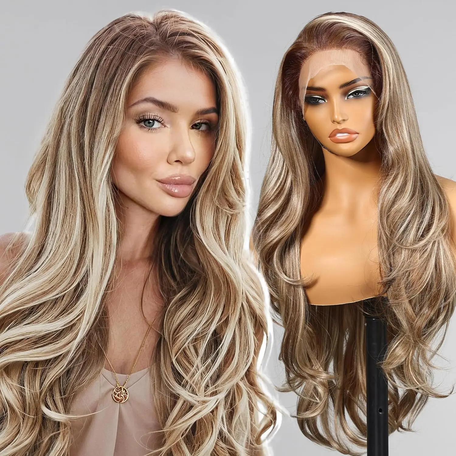 DWY Ash Brown Highlight Synthetic Lace Front Wig 13×6 Body Wave Pre Plucked Lace Wig for Women Wear and Go 28inch Wigs for Daily