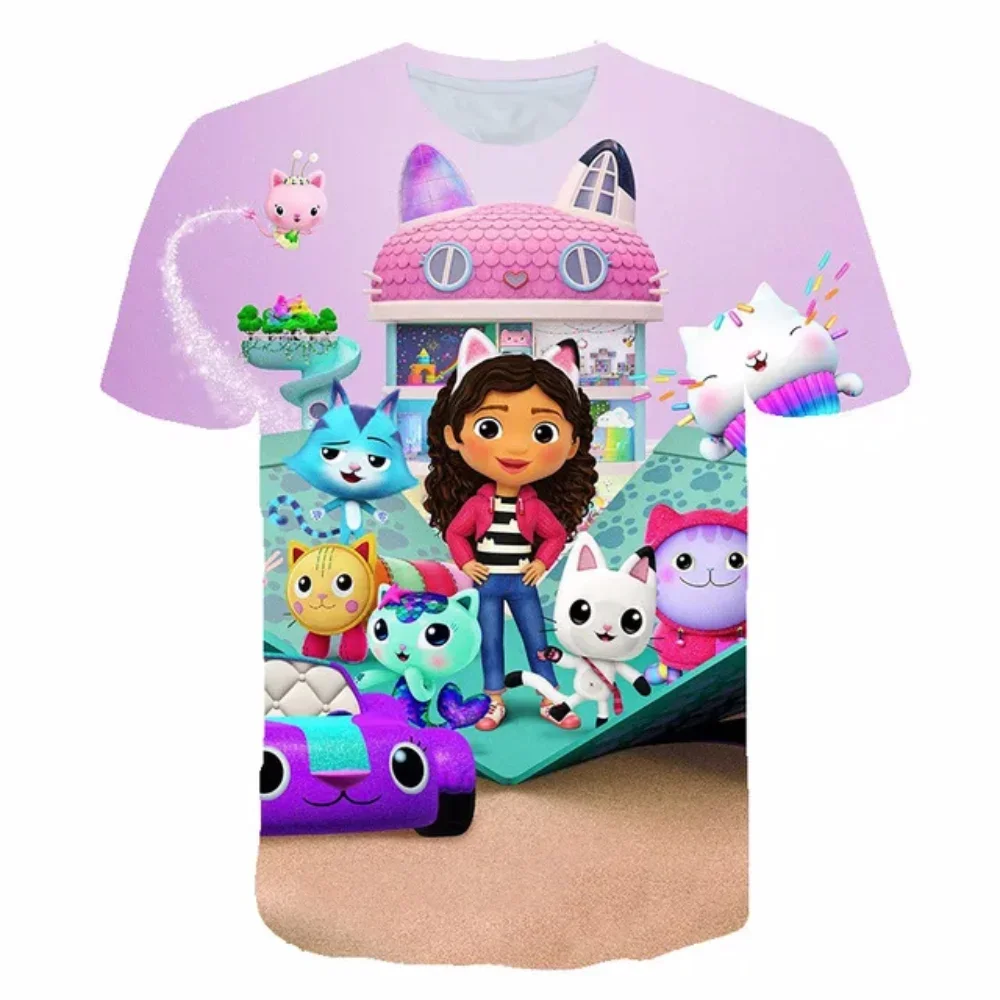 Anime Gabbys Dollhouse 3D Print Streetwear para Meninos e Meninas, Moda Casual Bonito, Camiseta extragrande, Crianças Tees, Tops Roupas