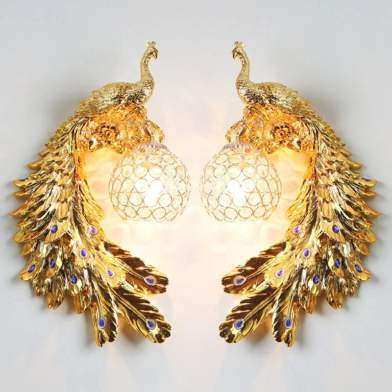 Chinese Retro Dual Color Peacock Wall Lamp Creative Gold White Wall Lamps LED Crystal Metal Wall Light Corridor Wall Decoration