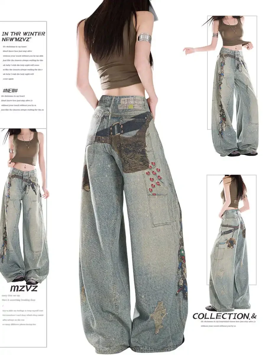 Women's Wide Fit Print Denim Pants Y2K Baggy Jeans Harajuku Grunge Punk Cowboy In 2000s Hip-pop