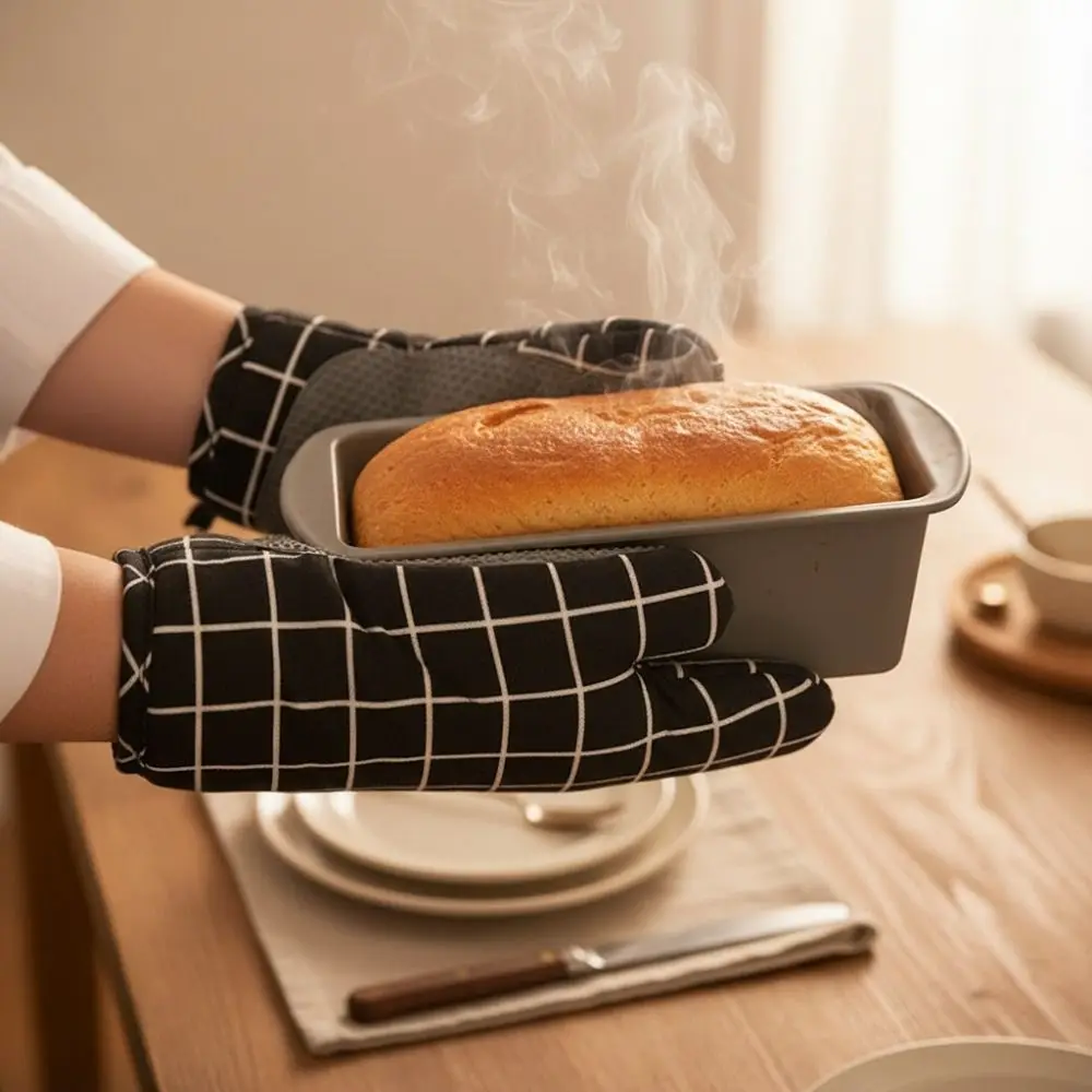 1 Pair Silicone Pad Design Kitchen Microwave Gloves Cotton Lining Non-slip Oven Gloves Anti Scalding Heat-resistant Baking Mitts - view 5